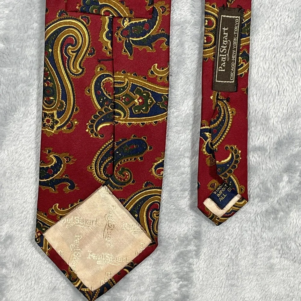 Paul Stuart Mens Silk Paisley Tie Red Gold Navy Blue Hand Sewn Made in USA